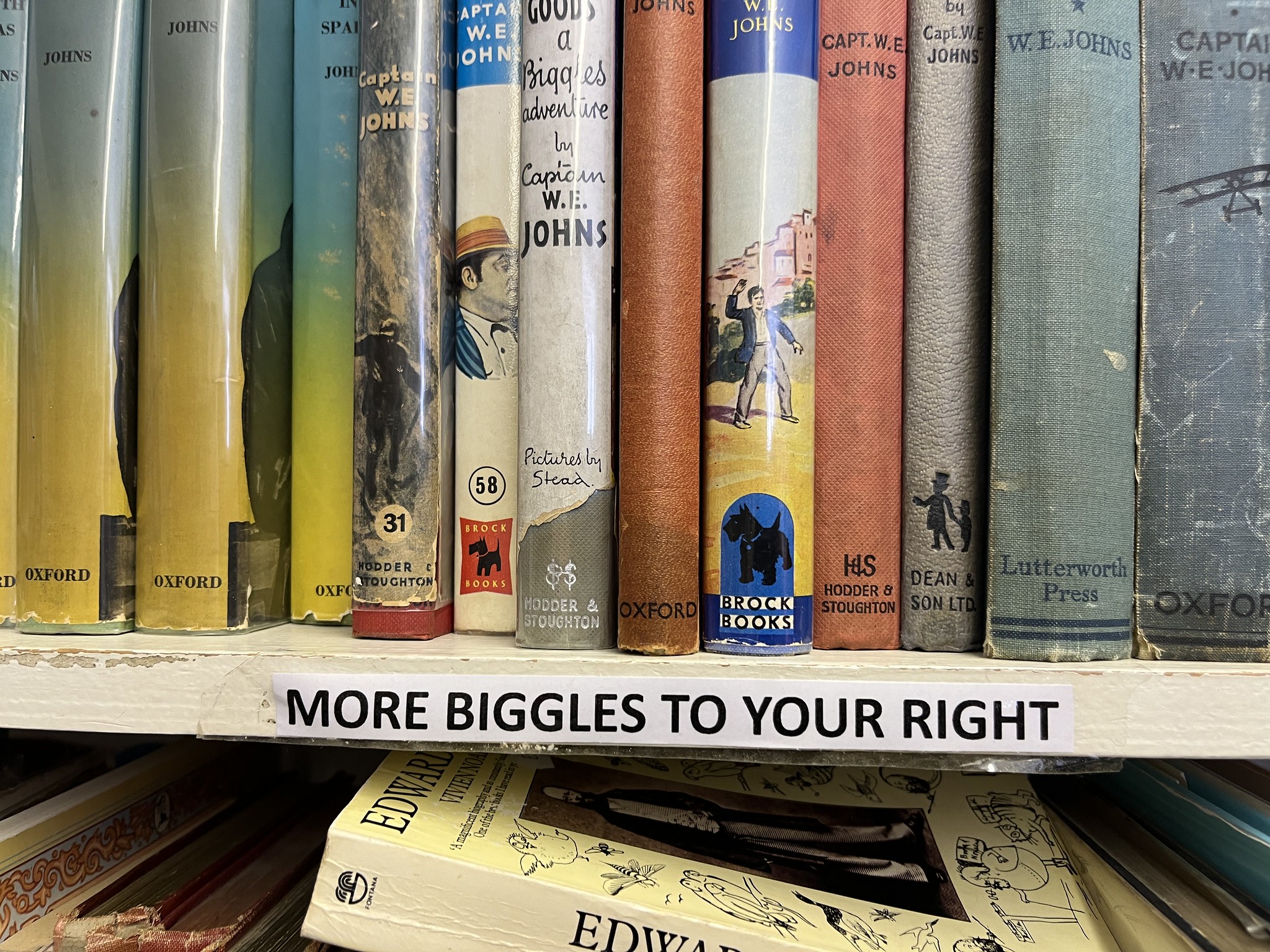 A shelf of Biggles books. A label says 'More Biggles to your right'