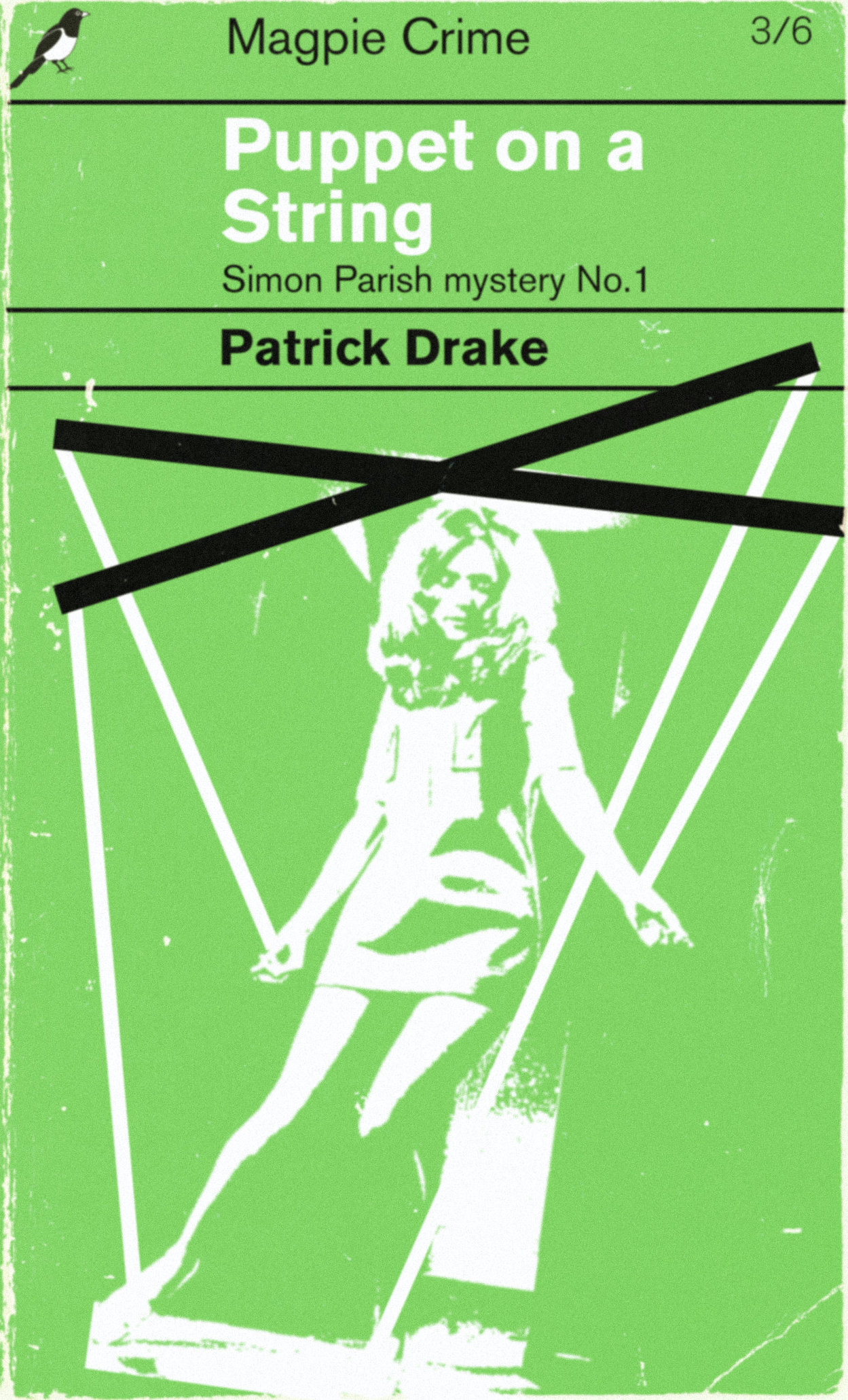 Cover of Puppet on a String by Patrick Drake, a young woman in a minidress on puppet strings