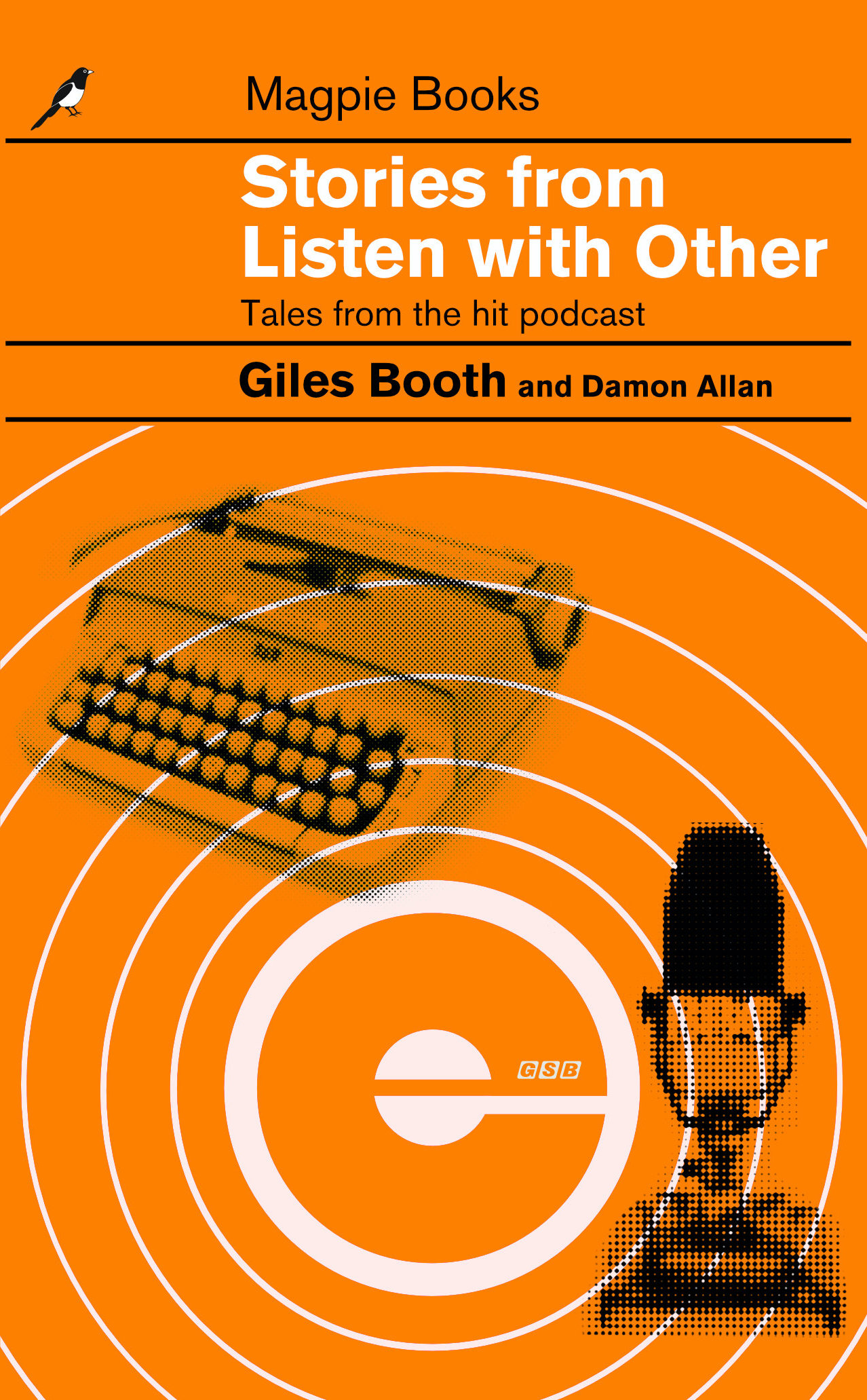 Orange book cover called Stories from Listen with Other showing an old typewriter and microphone.